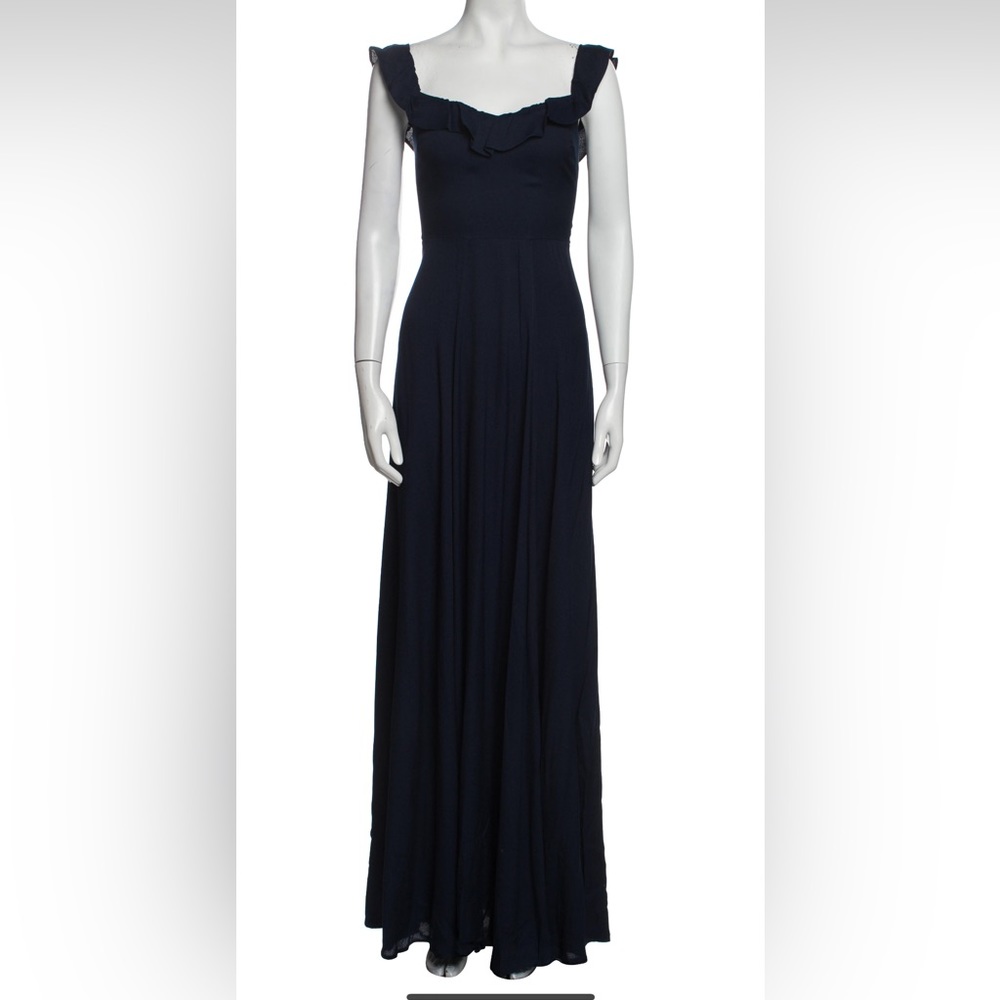 Reformation Verbana navy blue square neck off shoulder ruffle evening gown dress - Picture 2 of 8